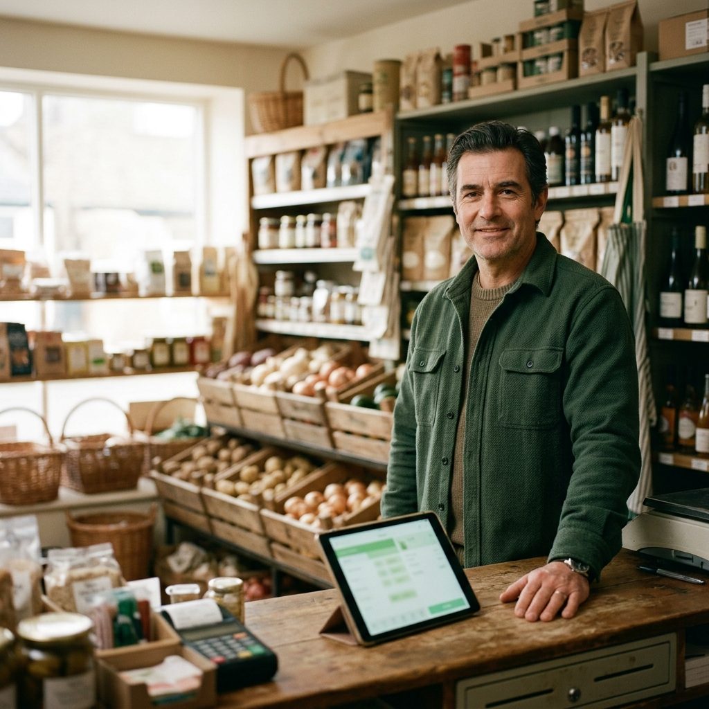 A shopkeeper standing proudly behind the counter of his grocery shop, a tablet till beside him