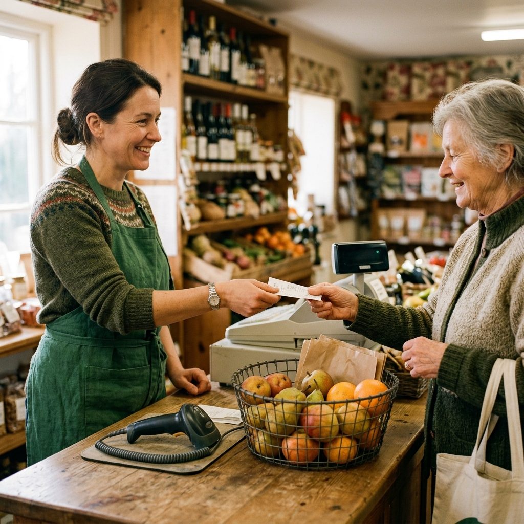 A grocer in a green apron handing a customer their receipt