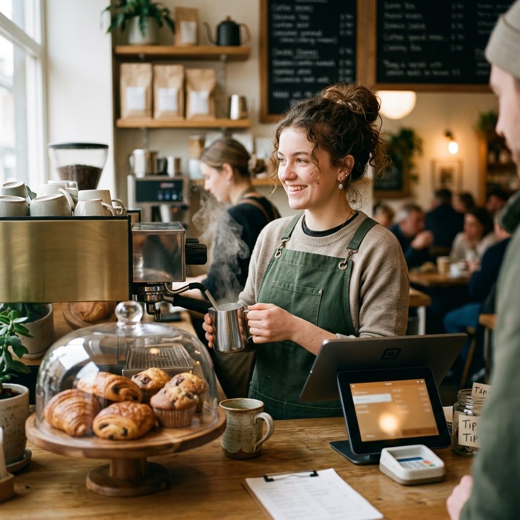 A barista steaming milk behind a café counter with a tablet till
