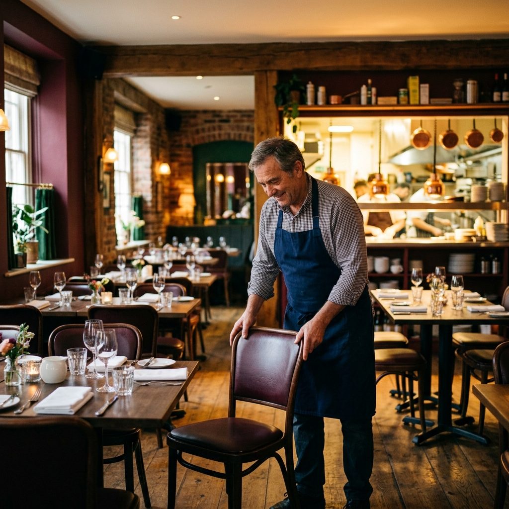 A restaurant owner straightening chairs among warmly lit tables before opening