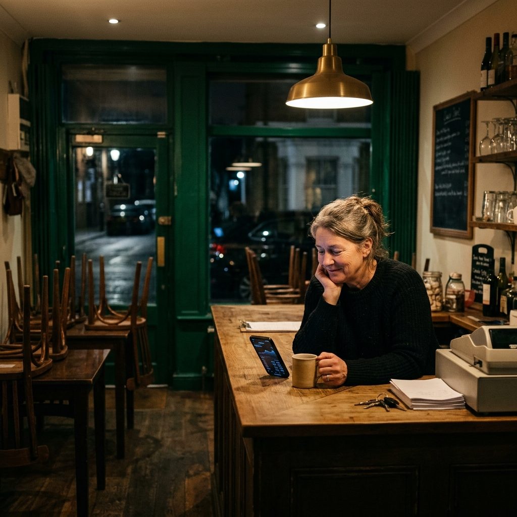 A shop owner at the end of the day, tea in hand, checking the day's numbers on her phone