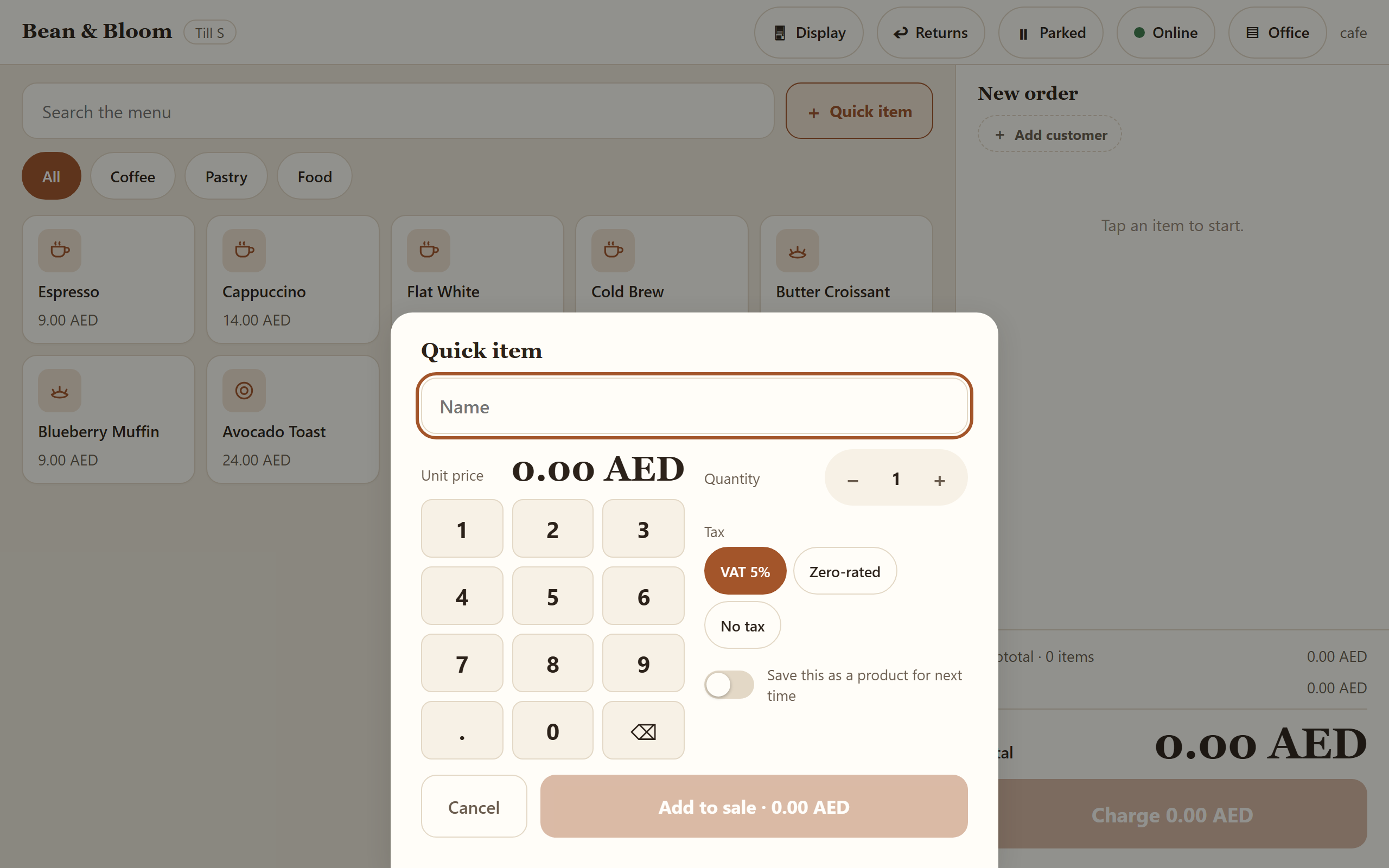 The café cover of the Countera till — warm theme, menu grid