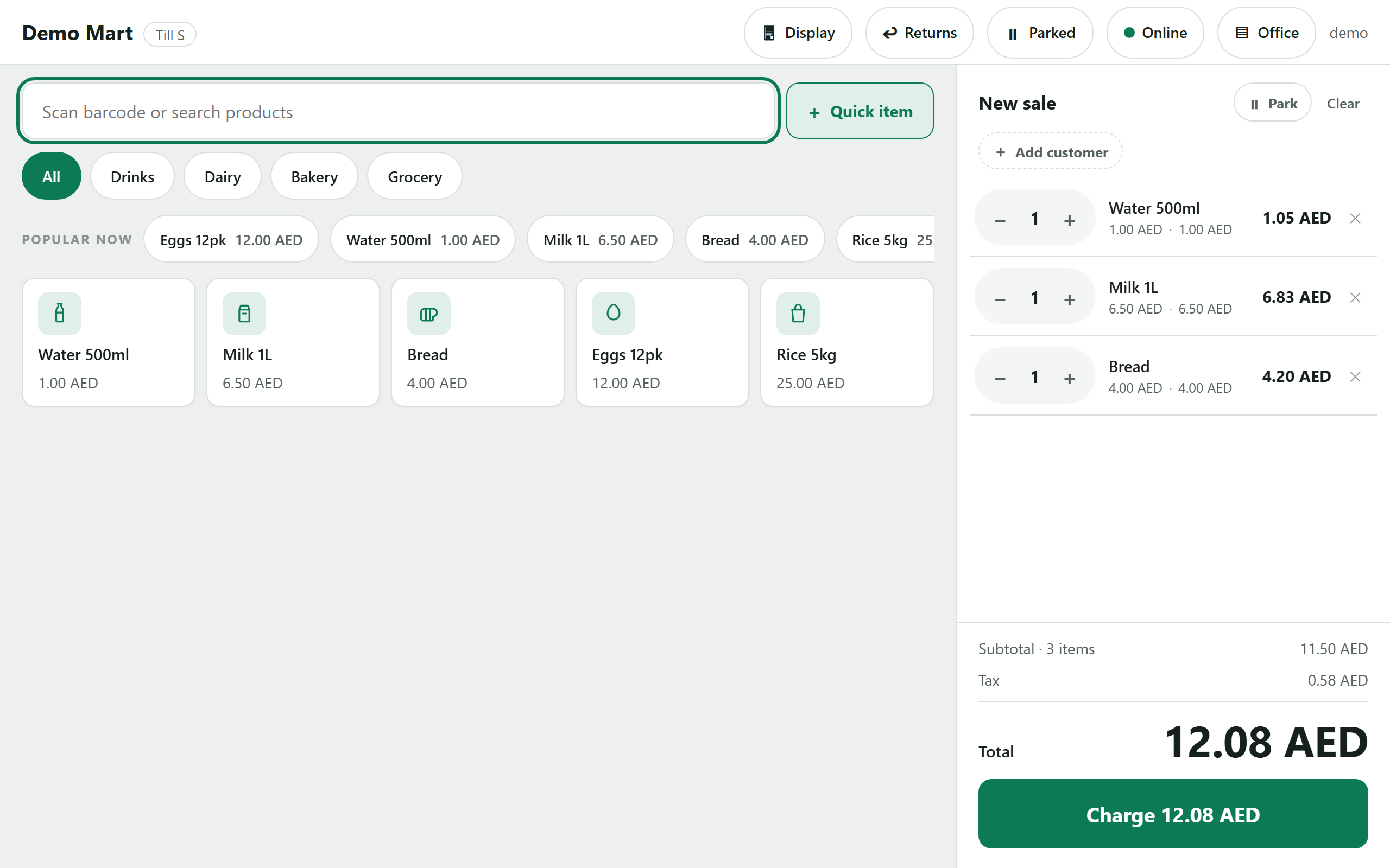 The Countera till mid-sale: product grid, running bill and Charge button